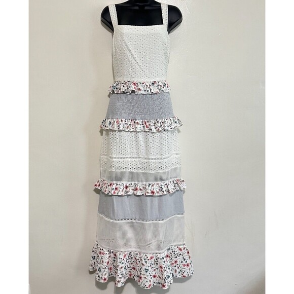 Lulus Lost In Lunar M Florance Cottagecore Linen Cotton Eyelet Tiered Maxi Dress - Picture 4 of 14